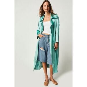 New Brenda Knight x Free People Turquoise Satin Moto Trench Coat $428 Size Small